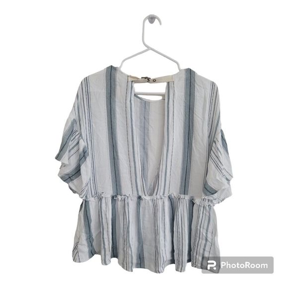 Moon River Top Flutter Ruffle Sleeve Peplum Cutout Stripe-small - Picture 2 of 7